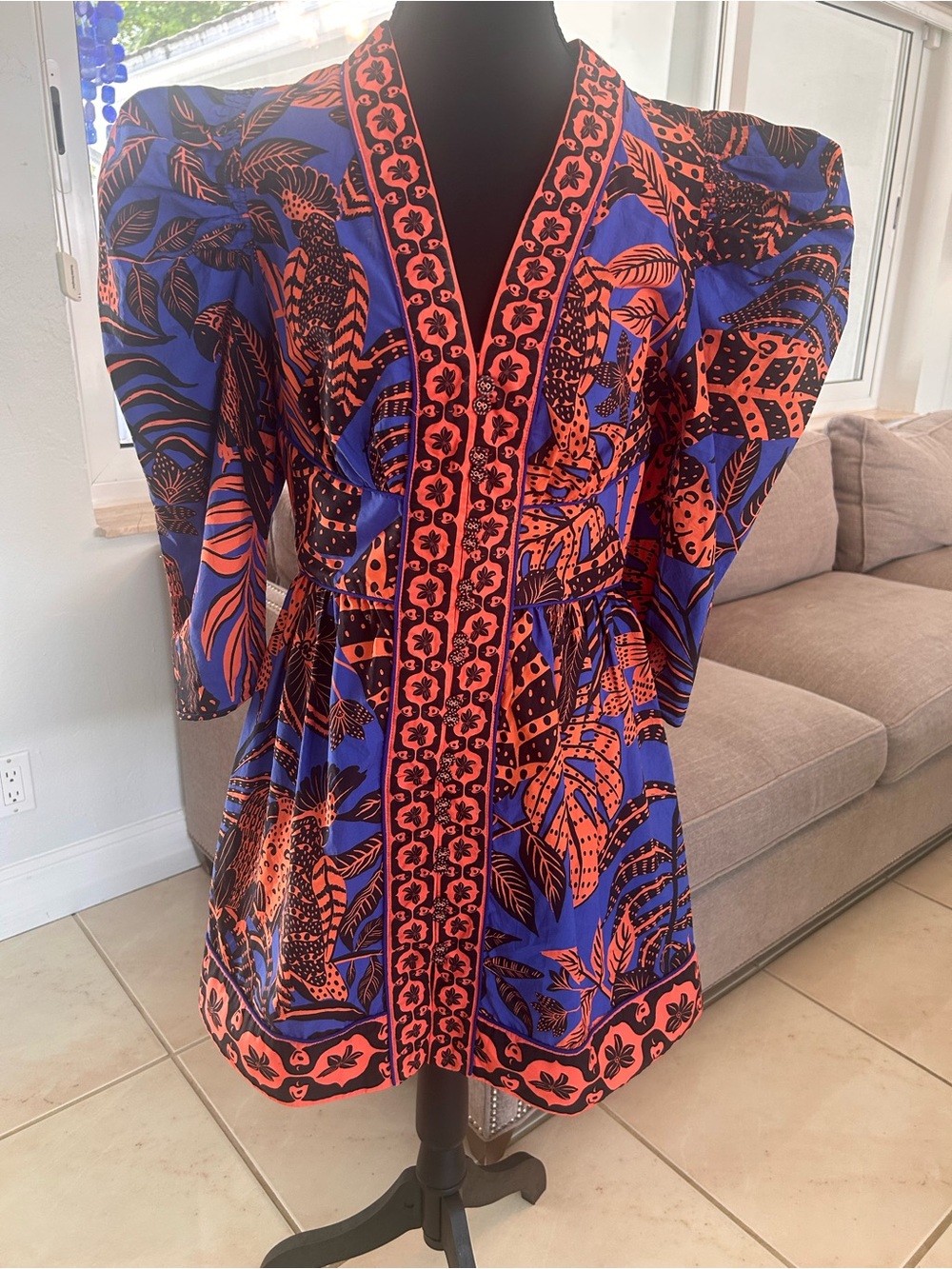 FARM Rio Royal Blue and Orange Botanical-Print Midi Dress